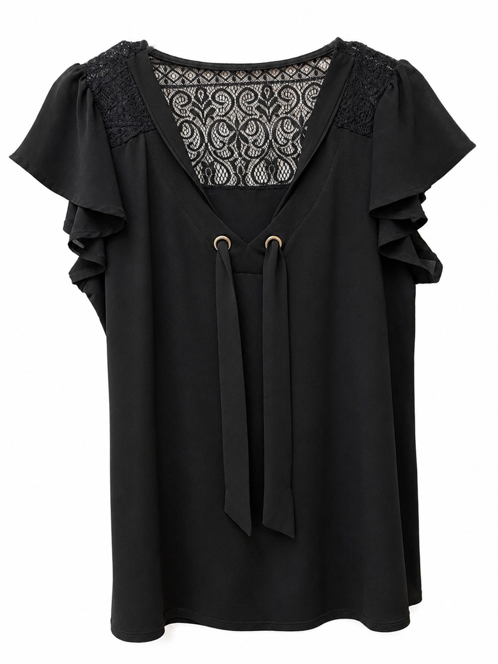 Black Lace-Back Flutter Sleeve Top